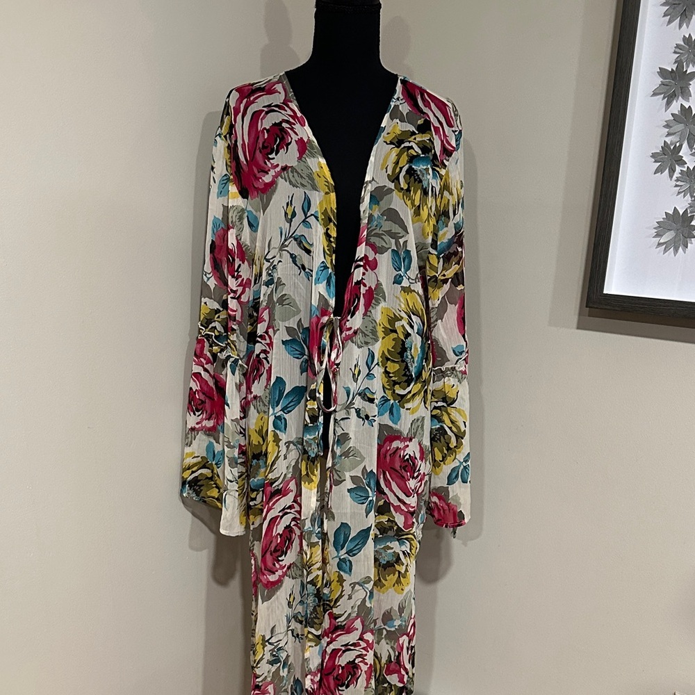 *BAND OF GYPSIES* Multicolor Floral Tie-Front Sheer Duster Robe Size XL - Picture 2 of 9